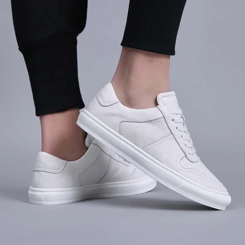 

Men Casual Shoes Luxury Brand Fashion Black White Sneakers Men 100% COw Leather Breathable Soft Walking Footwear Free shipping
