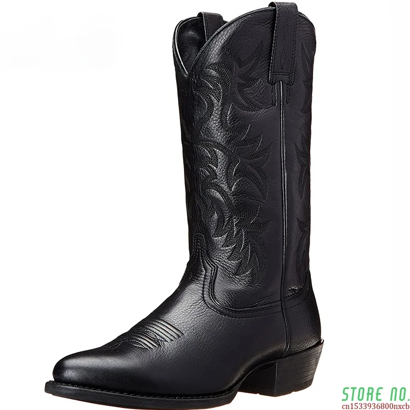 

2021 Autumn Winter Men Mid-Calf Boots Pull On Keep Warm Western Cowboy Botas for Male Waterproof Embroiderry Shoe Big Size 38-48