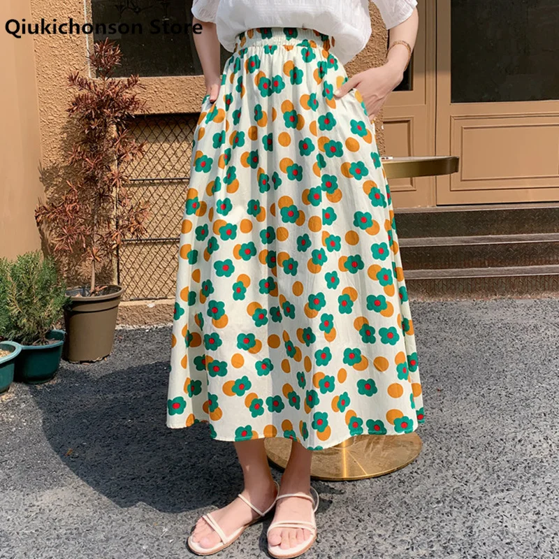 

Spring Summer Women Long Midi Floral Skirt Korean Style Cotton Blended Elastic High Waist A-Line Print Mori Girl Cute Skirts rok