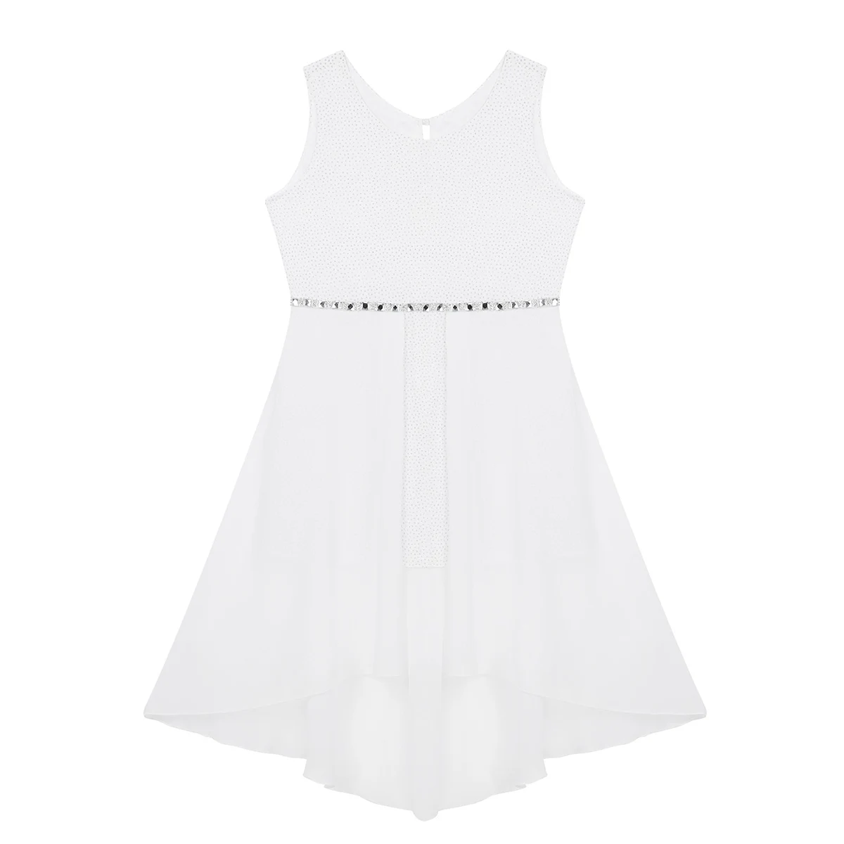 Детское блестящее платье iiniim без рукавов с высокой талией и заниженным подолом