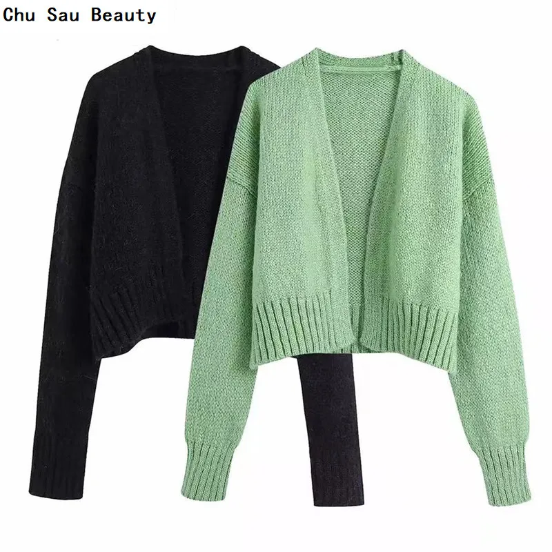 

Chu Sau Beauty New ZA Women's Black Short Knitted Jacket Early Autumn Leisure Loose All-match Soft Cardigan Green Top