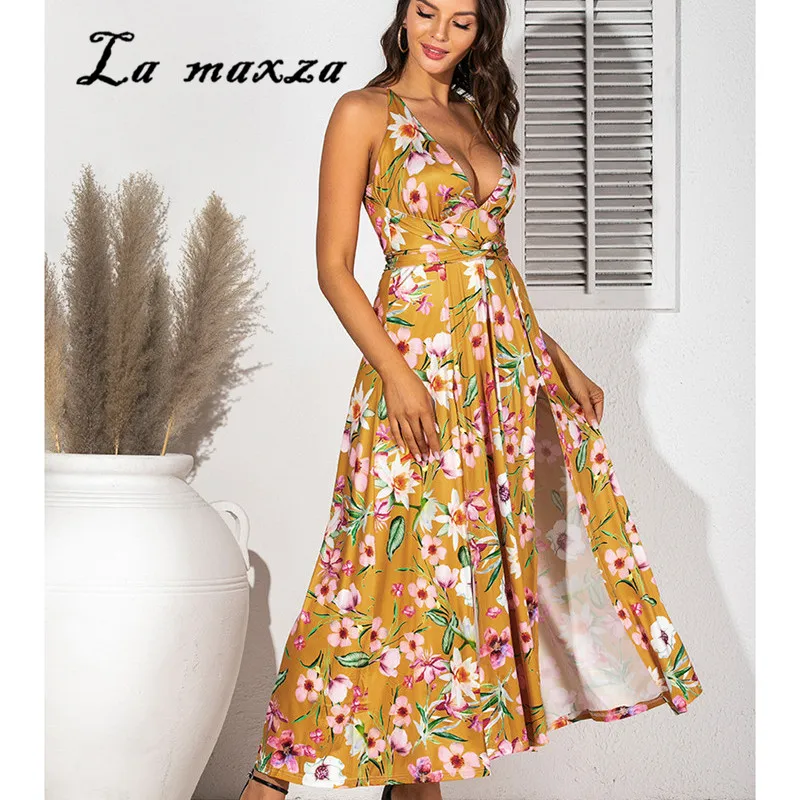 Женское платье макси с V образным вырезом и принтом|Женские платья| |