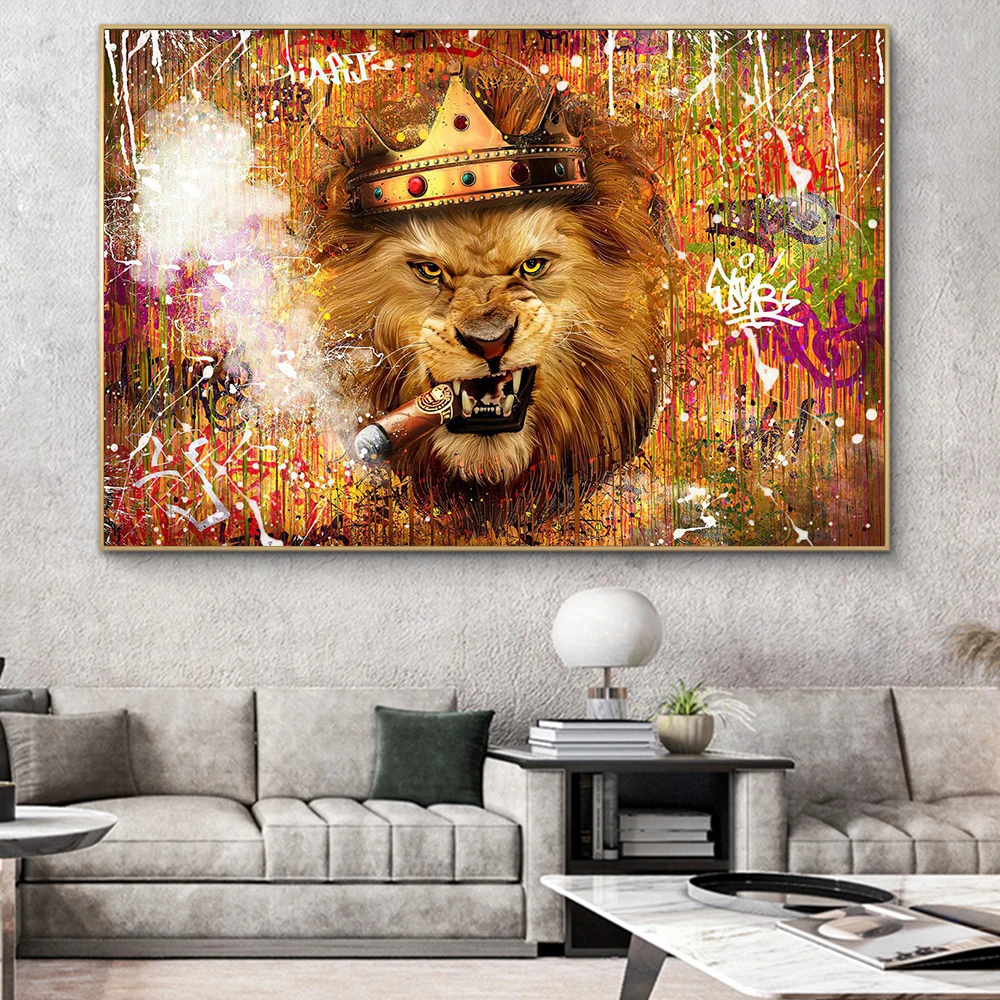 

King Of The Prairie Domineering And Mighty Lion And Bear Smoking Cigars Graffiti Art Canvas Painting Home Office Decor Poster
