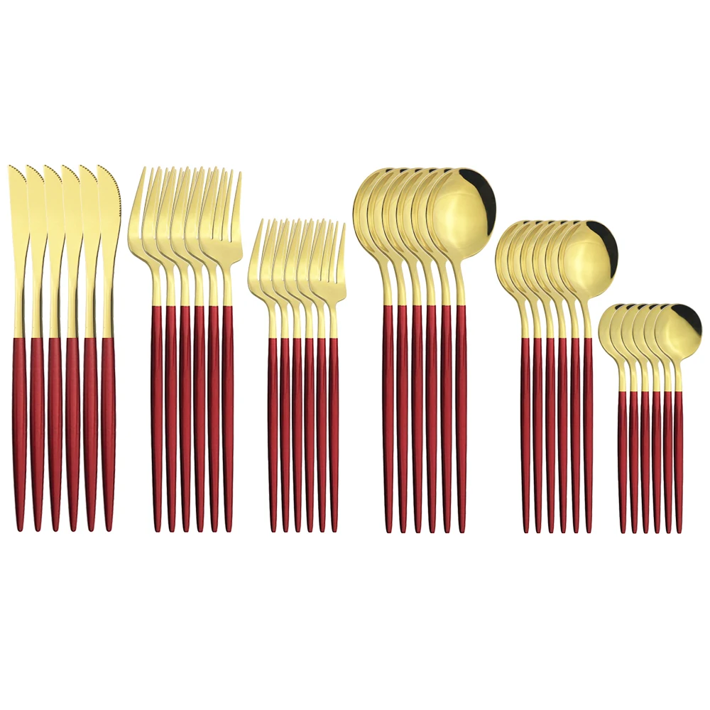 

Набор столовых приборов из красного золота, 36 шт., столовые ножи, Десертные Вилки, кофейная ложка, столовые приборы, столовые приборы из нерж...