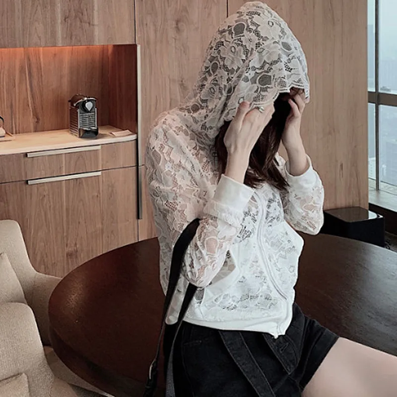 Summer Hooded Zip Cardigan Women Flower Floral Lace Cropped Jacket Ladies Sheer Transparent Thin Sunproof Tops |