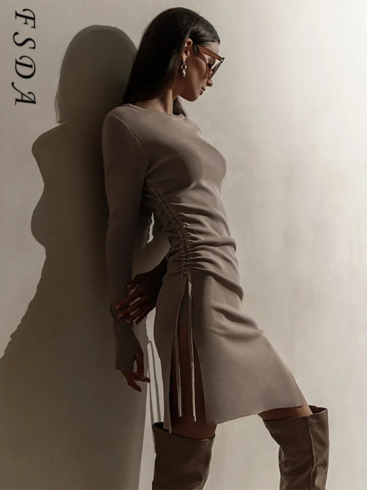 

Осенне-зимнее трикотажное облегающее платье FSDA 2021, женские черные мини-платья с длинным рукавом, коричневые элегантные сексуальные вечерни...