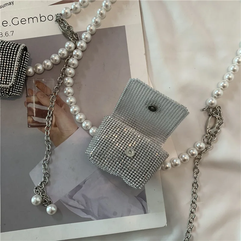 

European-Style Pocket New Personality Pearl Chain Female Mini Messenger Bag Funny Diamond Coin Purse Fashion Female Shoulder Bag