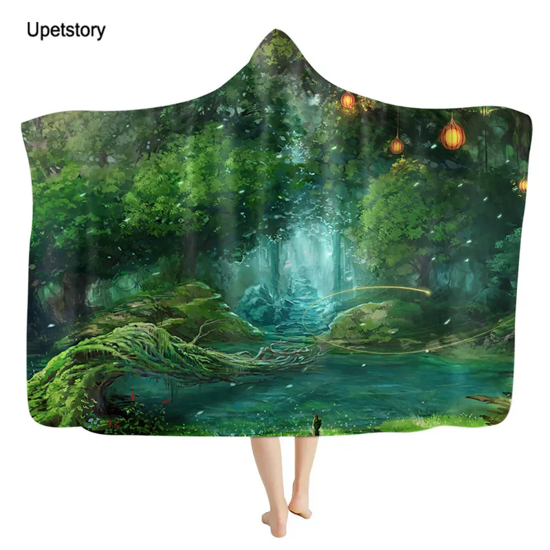 

Плюшевое домашнее офисное одеяло с капюшоном Upetstory с фантастическим лесом, моющееся теплое флисовое покрывало для дивана для взрослых и дет...