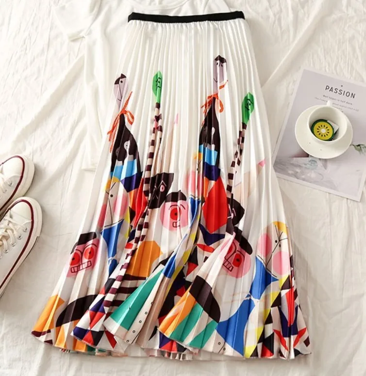 

2021 New Fashion Printed Pleated Skirts Women Spring Summer High Waist Mid-Length Vintage Elegant Office Ladies Streetwear