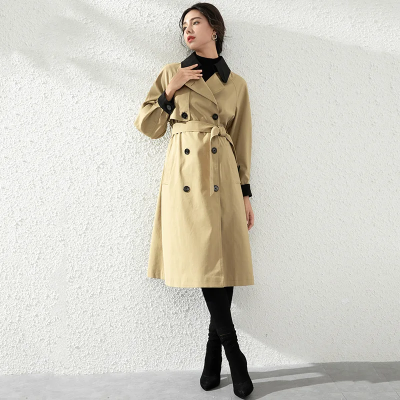

Retro Double Breasted Slim Trench Coats Women Tops Color Contrast Khaki Belt Long Trenchs Coat Women Spring Autumn Windbreaker