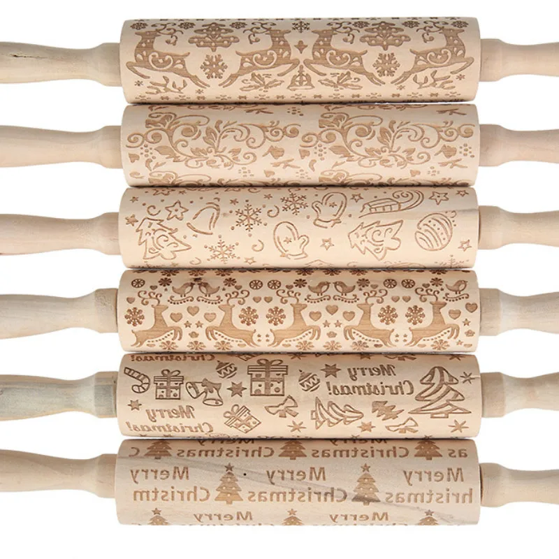 Christmas Embossing Rolling Pin Wooden DIY Baking Cookies Cake Elk Snowflak Tree Patterns Hand Roller Kitchen Bakeware Tool