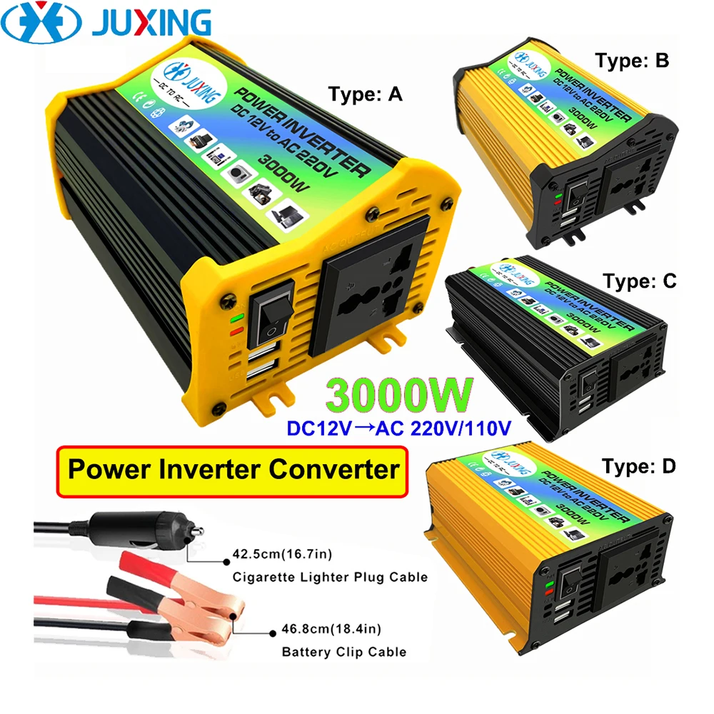 

JUXING 3000W Car Power Converter Voltage Transformer DC 12V to AC 220V Inverter with 2 USB Ports Use for Vehicle, Home, Outdoor