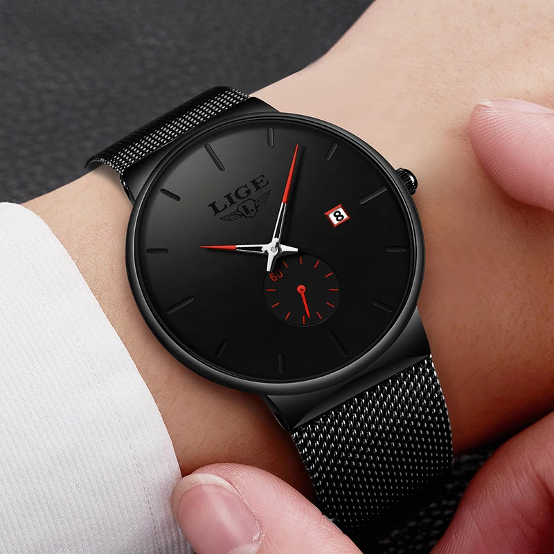 Часы LIGE мужские с сетчатым браслетом повседневные модные деловые