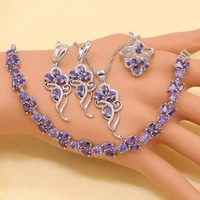sterling silver women dubai jewelry sets purple cubic zirconia bracelet geometric earringspendantnecklacering free gift