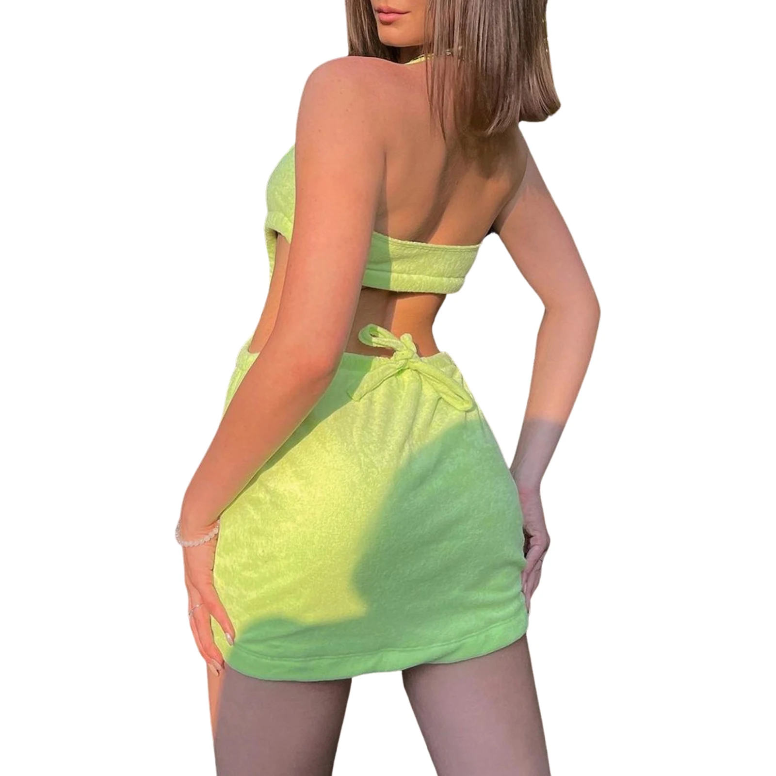

Ladies Sexy Hollow Mini Dress Summer Temperament Solid Color Hanging Neck Sleeveless Backless Short Dress for Dating Shopping
