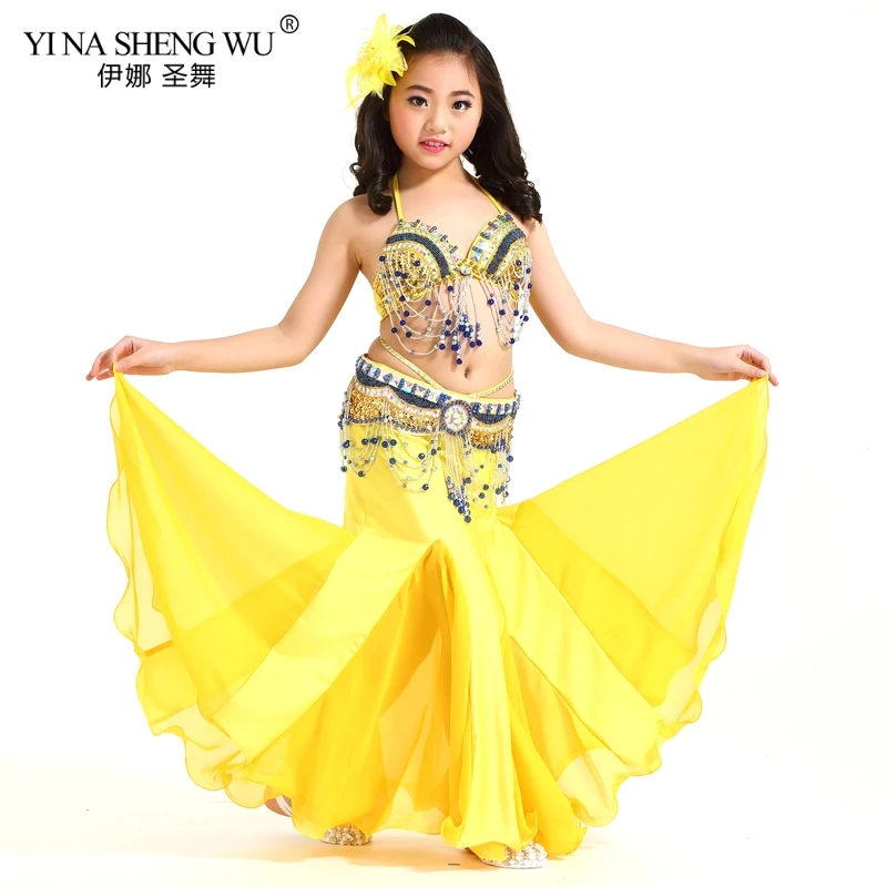 Yellow-Bra-BeltSkirt Детские танцевальные костюмы, комплект для девочек, Восточный танец живота, расшитый бисером, с кисточками, новая детская одежда для сцены, танцевальная одежда, комплект из 2 предметов/3 шт - Цвет: Yellow-Bra-BeltSkirt