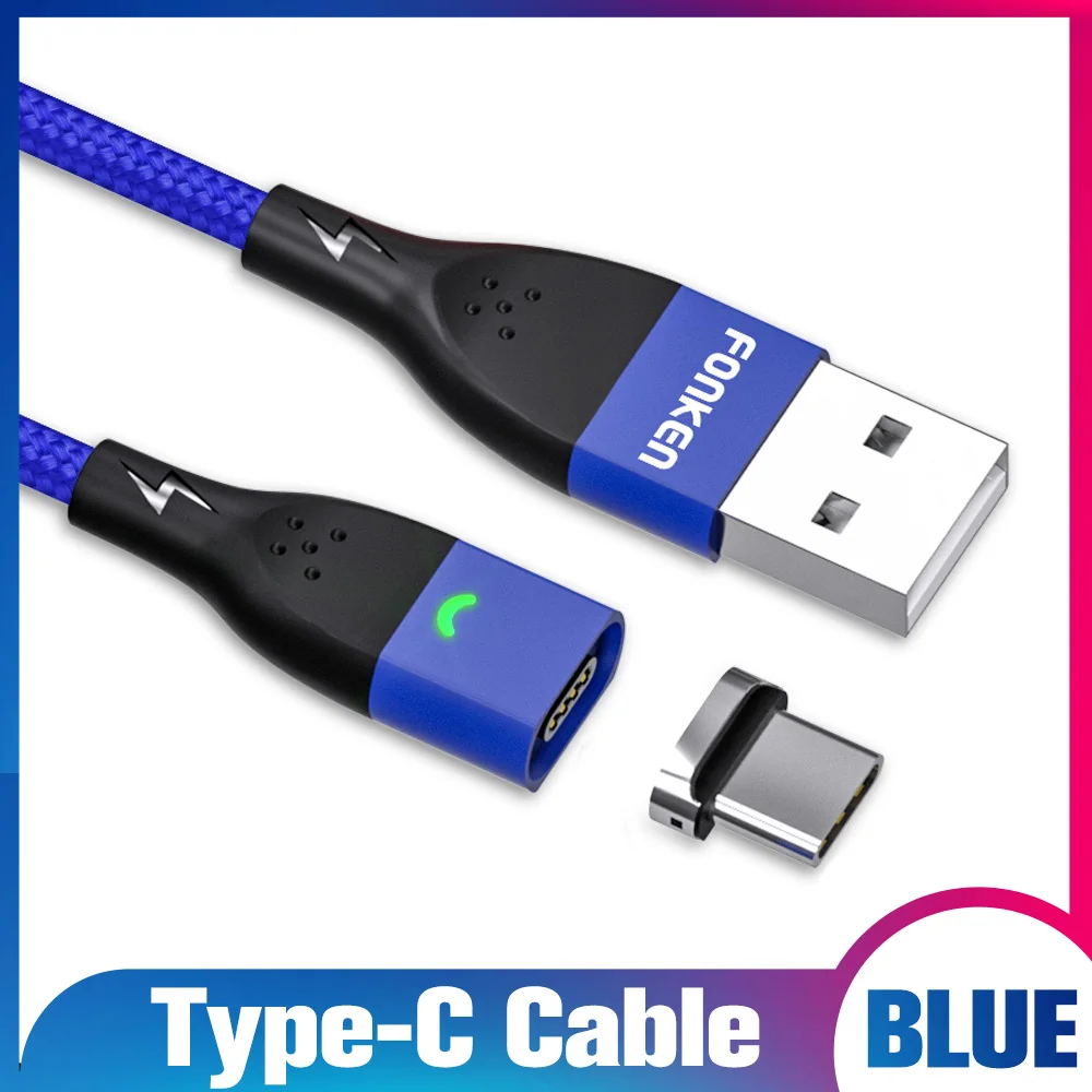Blue Type C cable FONKEN Micro USB Магнитный кабель быстрое зарядное устройство магнит Тип C провод для быстрого заряда 1 м 2 м Android мобильный телефон планшет светодиодный шнур данных - Цвет: Blue Type C cable
