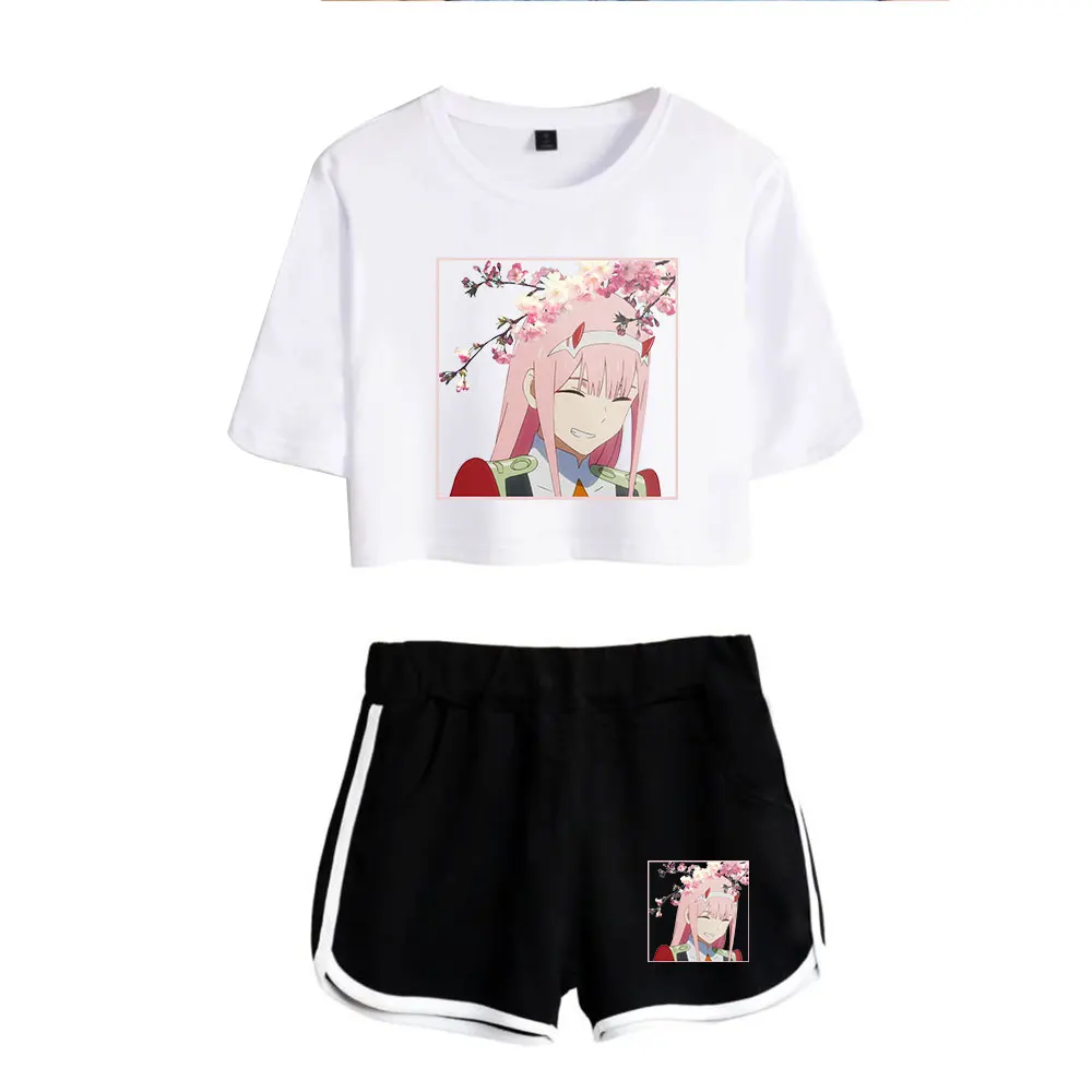 

Fashion Animation DARLING in the FRANXX White Exposed Navel T-shirt+Black shorts women's two-piece sets Summer Girl's Cool Sets