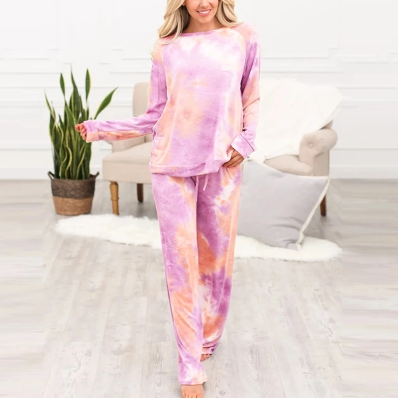 

Пижамный комплект Женский из 2 предметов с принтом, Топ с длинным рукавом и круглым вырезом, штаны с широкими штанинами на завязках, одежда д...