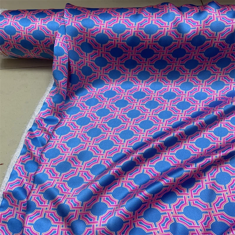 

108CM Wide 19MM Print Stretch Blue Pink Silk Satin Fabric for Summer Dress Shirt Scarf G034