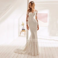 elegant white lace mermaid wedding dress 2021 long sleeves open back illusion scoop neck bridal gowns woman vestidos de novia