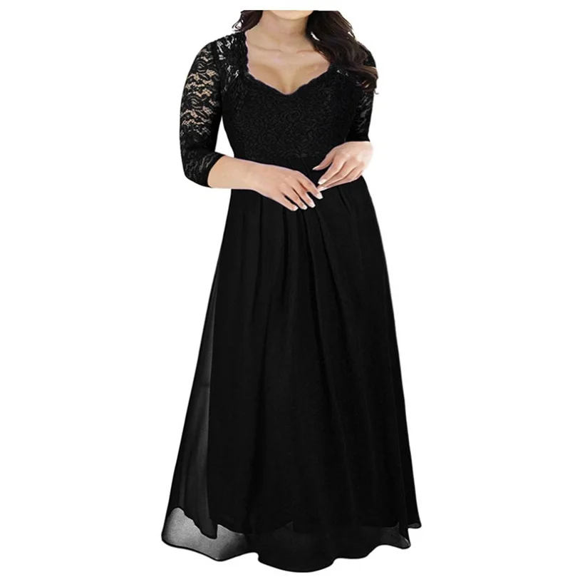 Женское шифоновое платье с V-образным вырезом длинным рукавом и кружевом |