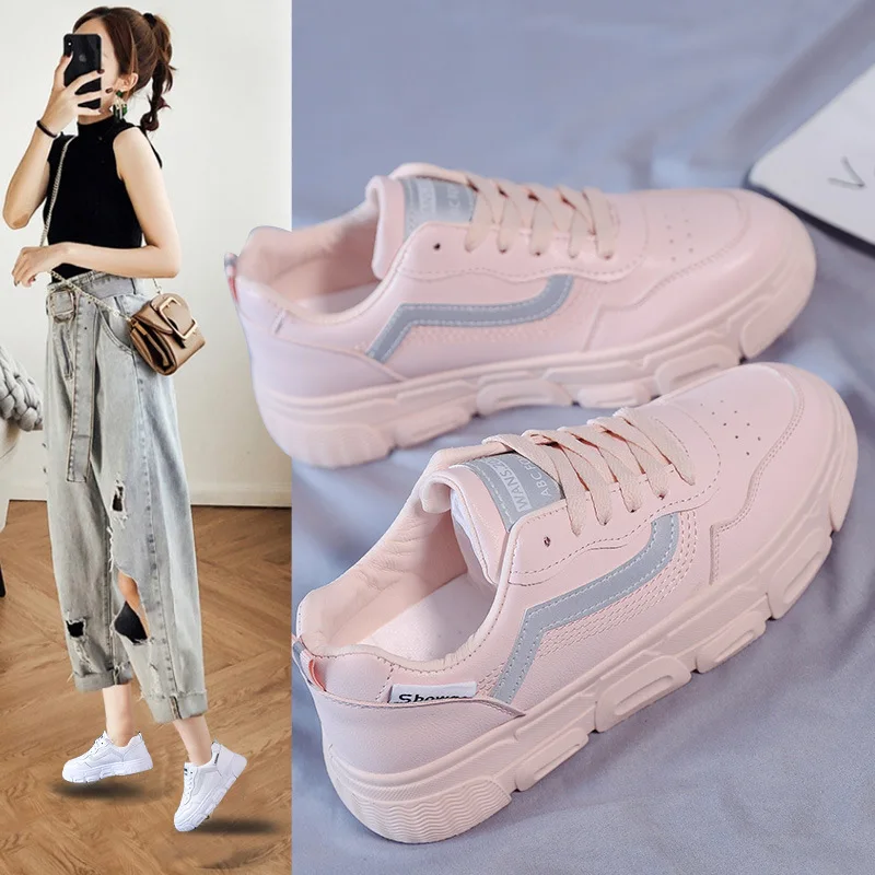 Женские кроссовки из ПУ кожи Вулканизированная подошва плоская толстая