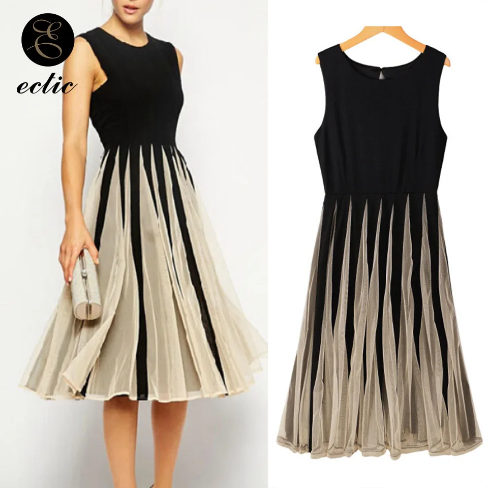 Черный И Белый Полосатый Модный Сеткой Лоскутный Сращивание Платье Миди Женщина