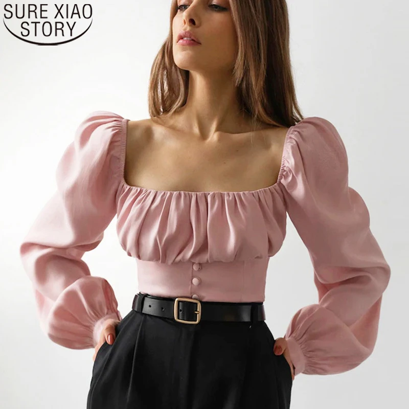 

Блузка женская плиссированная с длинным рукавом, квадратным вырезом и длинным рукавом