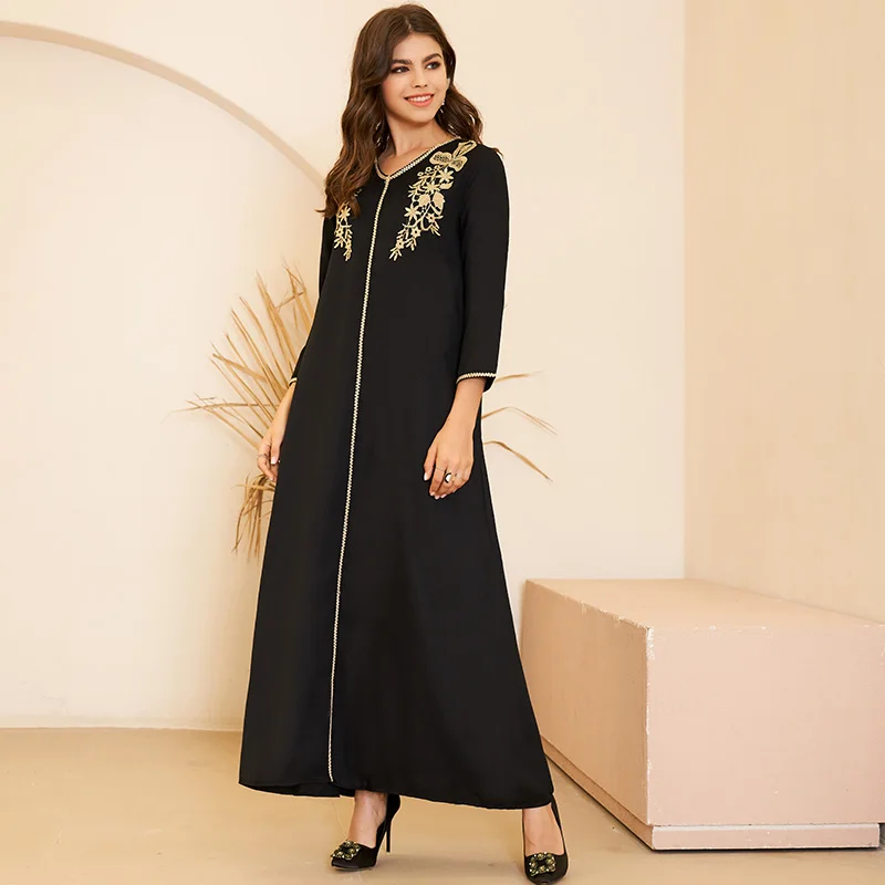 

New Summer Women's Fashion Arabian Style V-neck Gold Embroidery Pair Flowers Loose Long Sleeve 3/4 Sleeve Black Party Maxi Dress