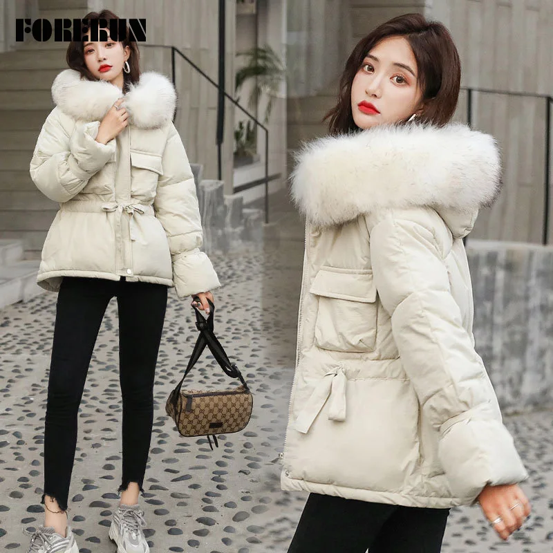 Женское пальто с большим капюшоном FORERUN теплая приталенная стеганая куртка