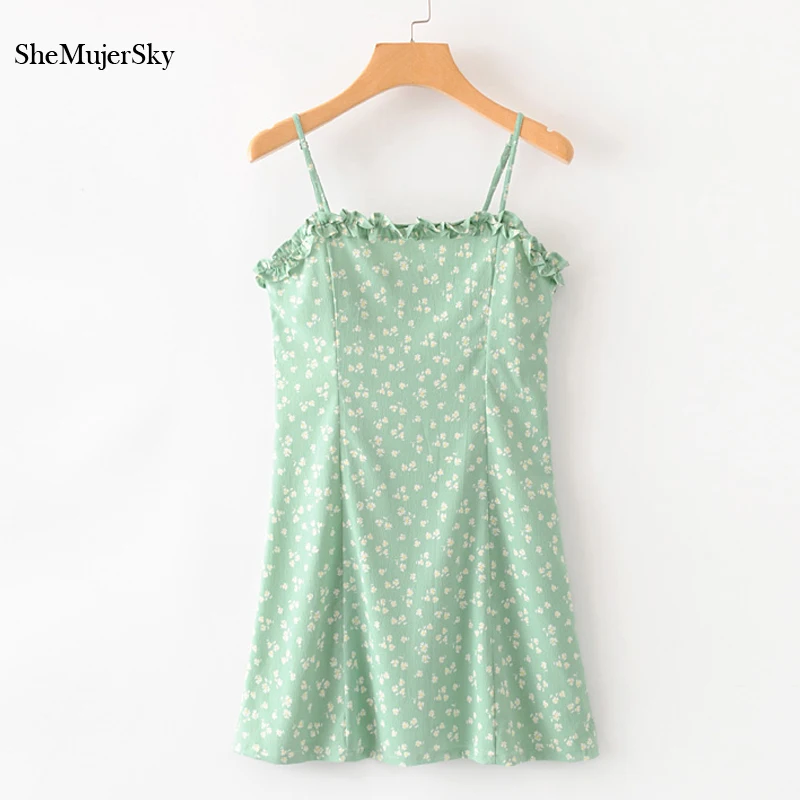 

SheMujerSky Women Green Casual Mini Dress 2020 Summer Floral Print Backless Dresses Slim Dress vestidos