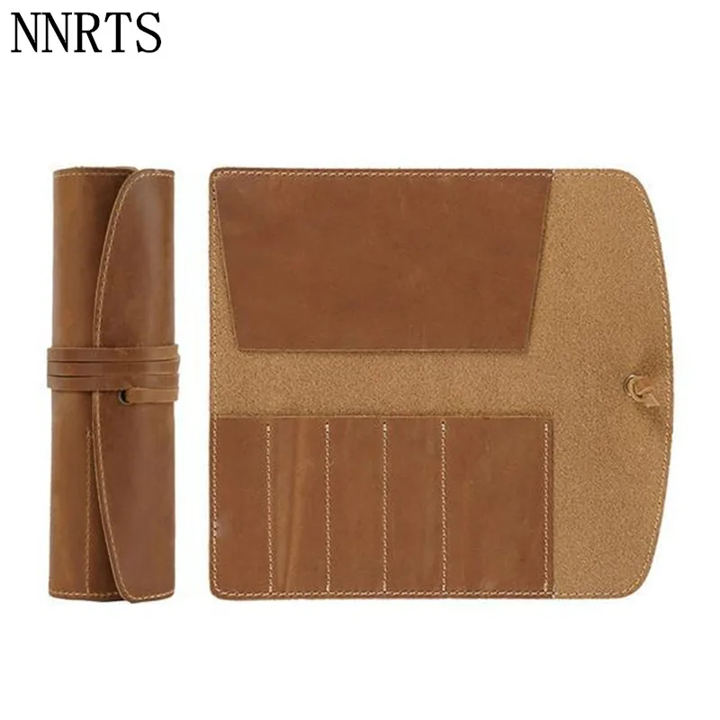 NNRTS Vintage Retro Roll 100% Leather Pen Pouch Holder Pencil Bag Student pencil Case Office School Supplies Stationery escolar