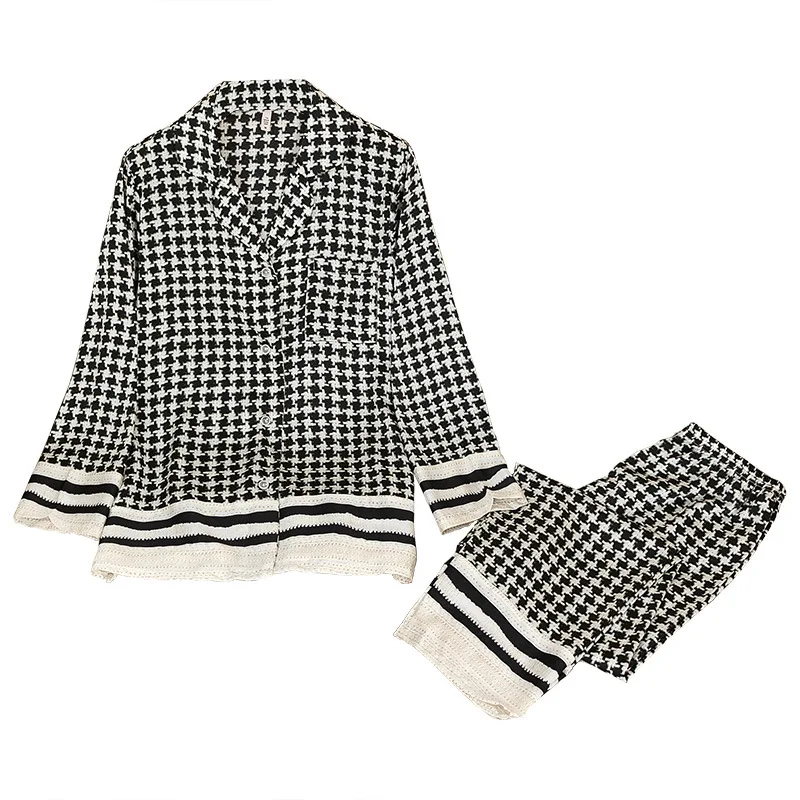 

Женское атласное ночное белье, черный клетчатый комплект для сна из 2 предметов, интимное нижнее белье, новый весенний Пижамный костюм, Повс...