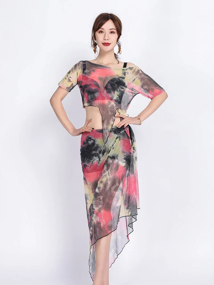 

Tie-dyed Floral 2020 Women Class Wear Off-shoulder Top and Skirt Side Slit Belly Dance Costume Set for Girls