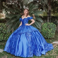 shiny lace blue quinceanera dresses 2021 ball gown off the shoulder princess party sweet 15 sweetheart puff sleeve ruched satin