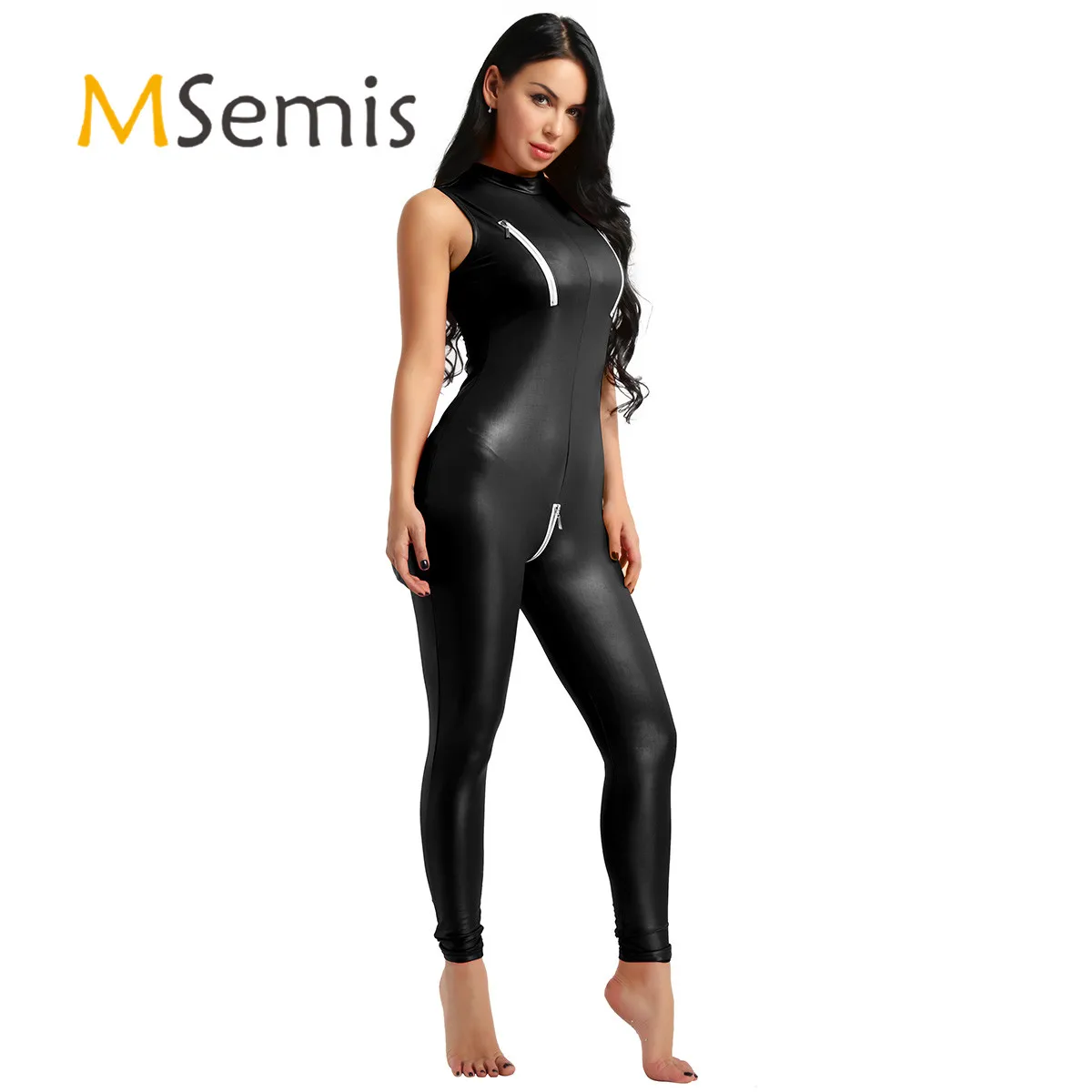 

Womens Catsuit Clubwear for Pole Dancing Wetlook Patent Leather Stand Collar Sleeveless Zipper Bust and Crotch Leotard Bodysuit