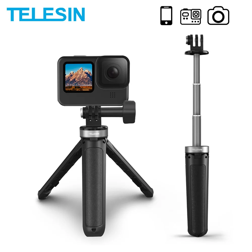 

TELESIN Mini Selfie Stick Portable Aluminium Alloy Plastic Adjustable for GoPro 9 Osmo Action Insta360 For iPhone Android Camera