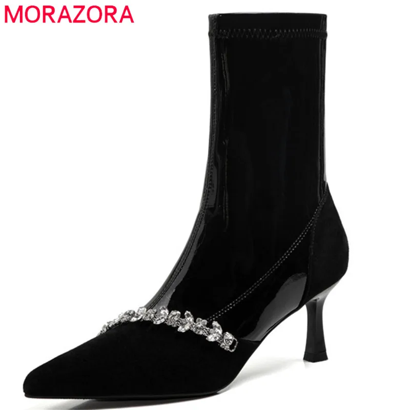 

MORAZORA 2021 Hot Sale Fashion Shoes Women Ankle Boots Pointed Toe Crystal Thin High Heels Stretch Party Shoes Ladies Boots