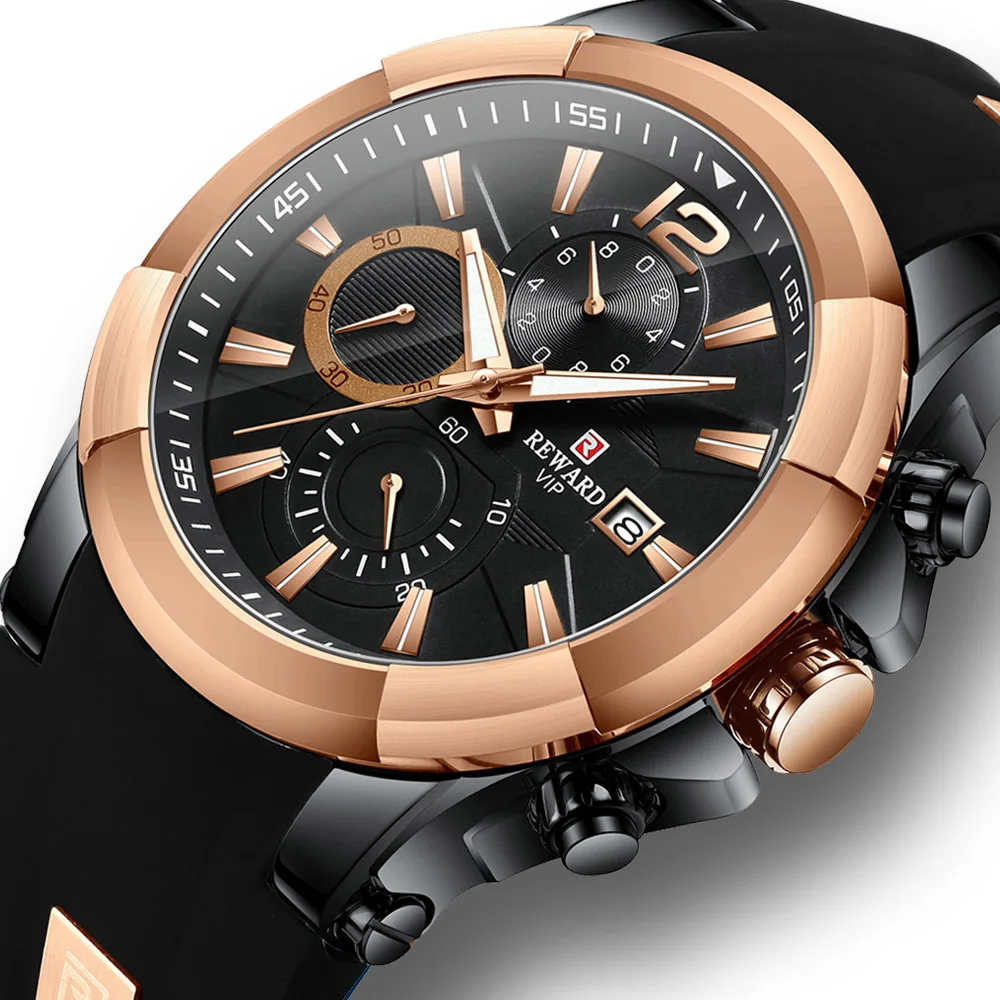 ROSE GOLD Топ мужские кварцевые наручные часы с резиновым ремешком спортивные часы с большим циферблатом светящиеся часы мужские водонепроницаемые часы с хронографом матовые стальные часы - Цвет: ROSE GOLD