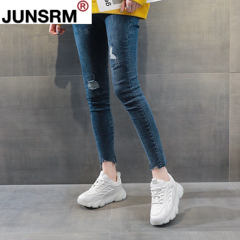 

Finer Citron Women Chunky Sneakers Leather Textile Round Toe With Lace Up Ladies Casual Shoes Platform Comfy Grey And White