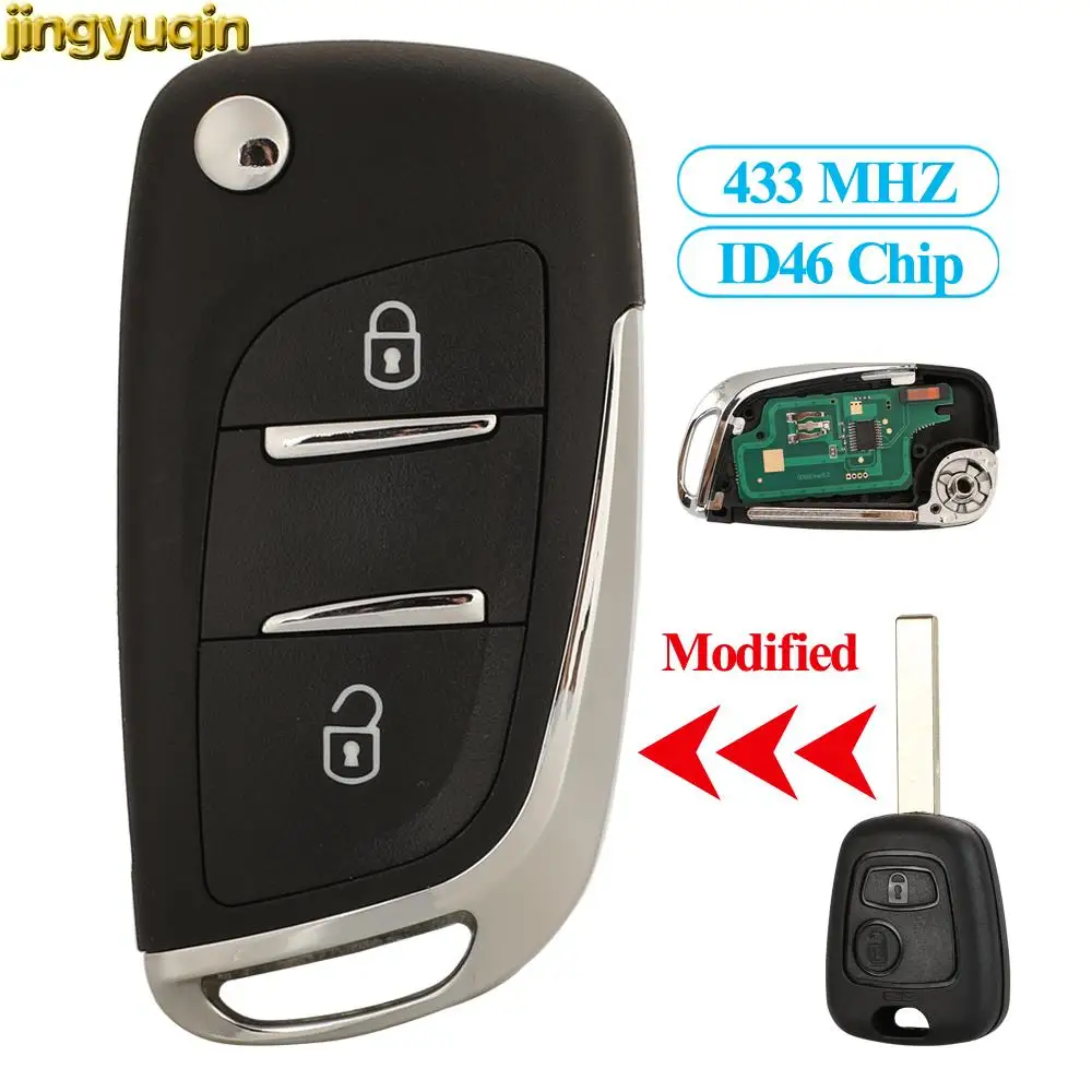 

Jingyuqin Car Key Alarm ASK 433MHZ ID46 PCF7961 Chip For Peugeot 307 Citroen C3 2 Buttons Modified Remote Fob HU83/VA2 CE0536