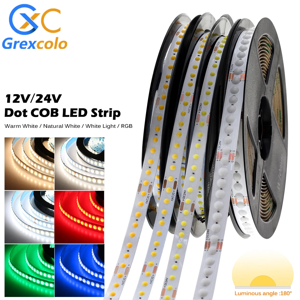

Brand New Dot COB LED Strip Light DC 12V 24V High Density COB Chip LED Lights 3000K 4000K 6000K RGB Flexible Ribbon LED Tape 5m