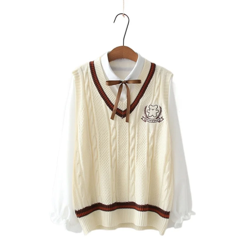 

Женский вязаный свитер, жилет с длинным рукавом и вышивкой в виде медведя из мультфильма, хлопковая рубашка на шнуровке, зима 2021