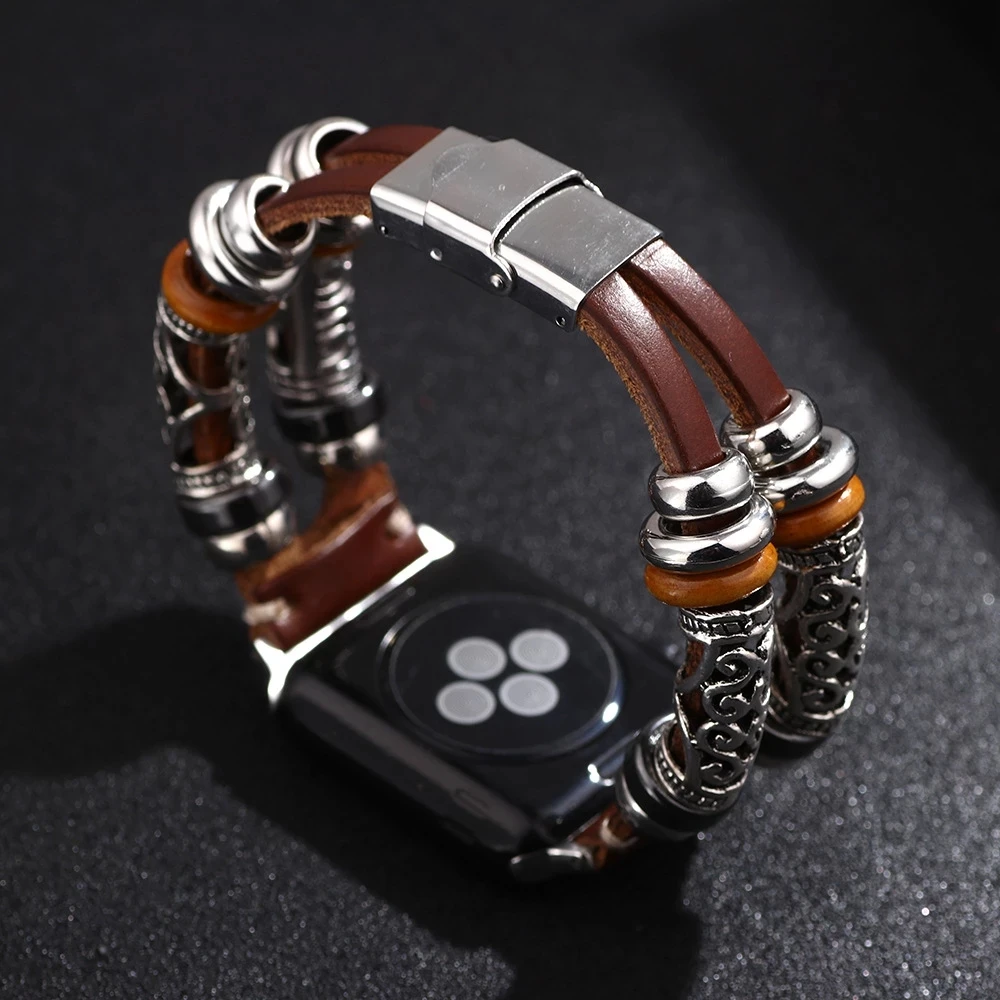 

Luxury Handmade Beads Leather Bracelet For Apple Watch Strap 38mm 40mm 42mm 44mm Cowhide Apple iWatch Series 3 4 5 6 SE Band