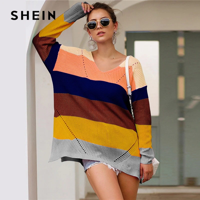 SHEIN Радуга Полосатый Падение плеча Длинный свитер женские топы осень уличная одежда с длинным рукавом V шеи негабаритных Сплит свитера