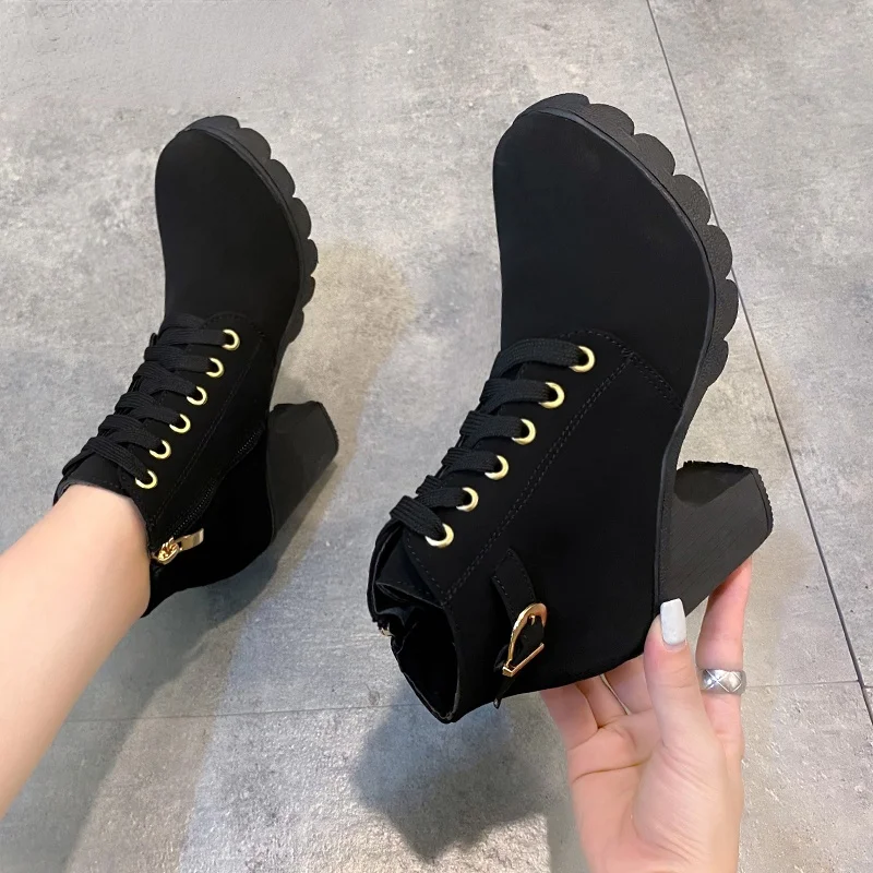 

New Spring Winter Women Pumps Boots High Quality Lace-up European Ladies Shoes PU High Heels Boots Fast Delivery