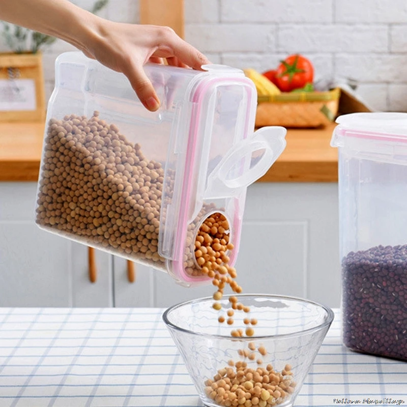 

4L Kitchen Grain Sugar Flour Storage Beans Jar Bottle Transparent With Measuring Cup Container Sealed Rice Bucket Storage Box