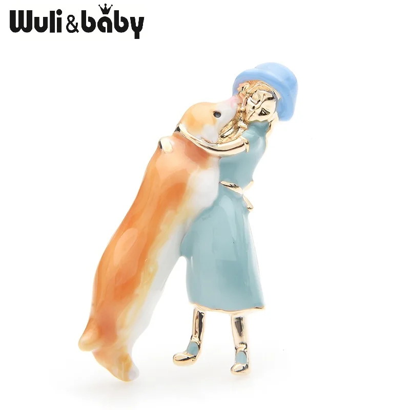 blue Wuli&baby, розовое, голубое платье, для девушек, обнимающие броши в форме собаки, для женщин, сплав, эмаль, животное, Повседневная брошь для вечеринки, булавки, подарки - Окраска металла: blue