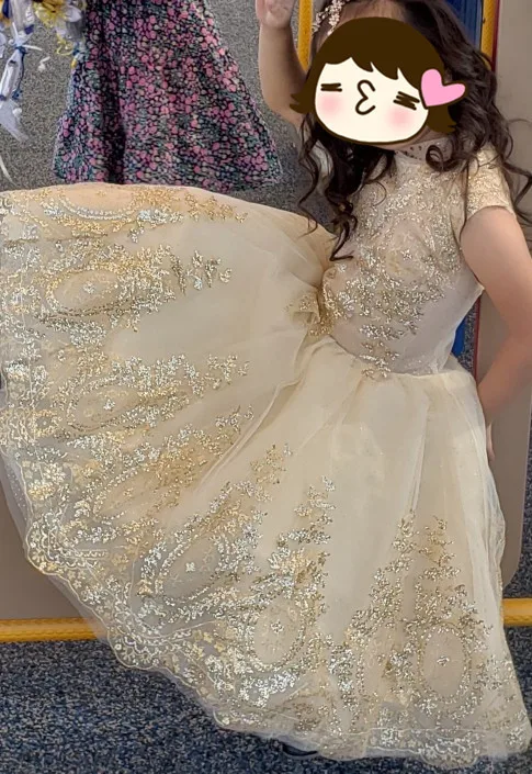 Golden Sequin Lace Girl Wedding Dress Long Flower Girl Dress Princess Party First Communion Gown Baby Girl Baptism Pageant Gown